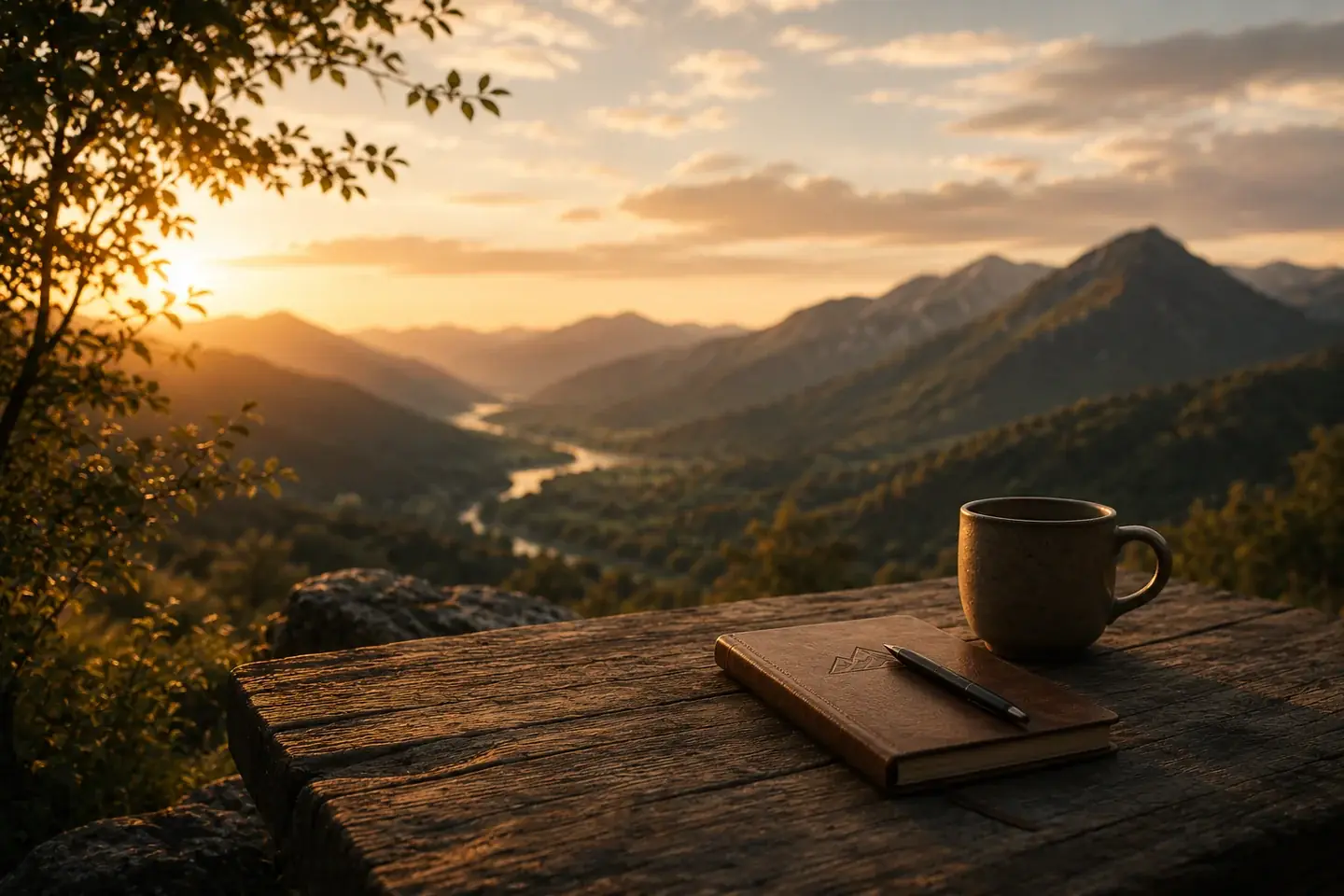 A journal and coffee mug on a wooden surface overlooking a mountain valley at golden hour