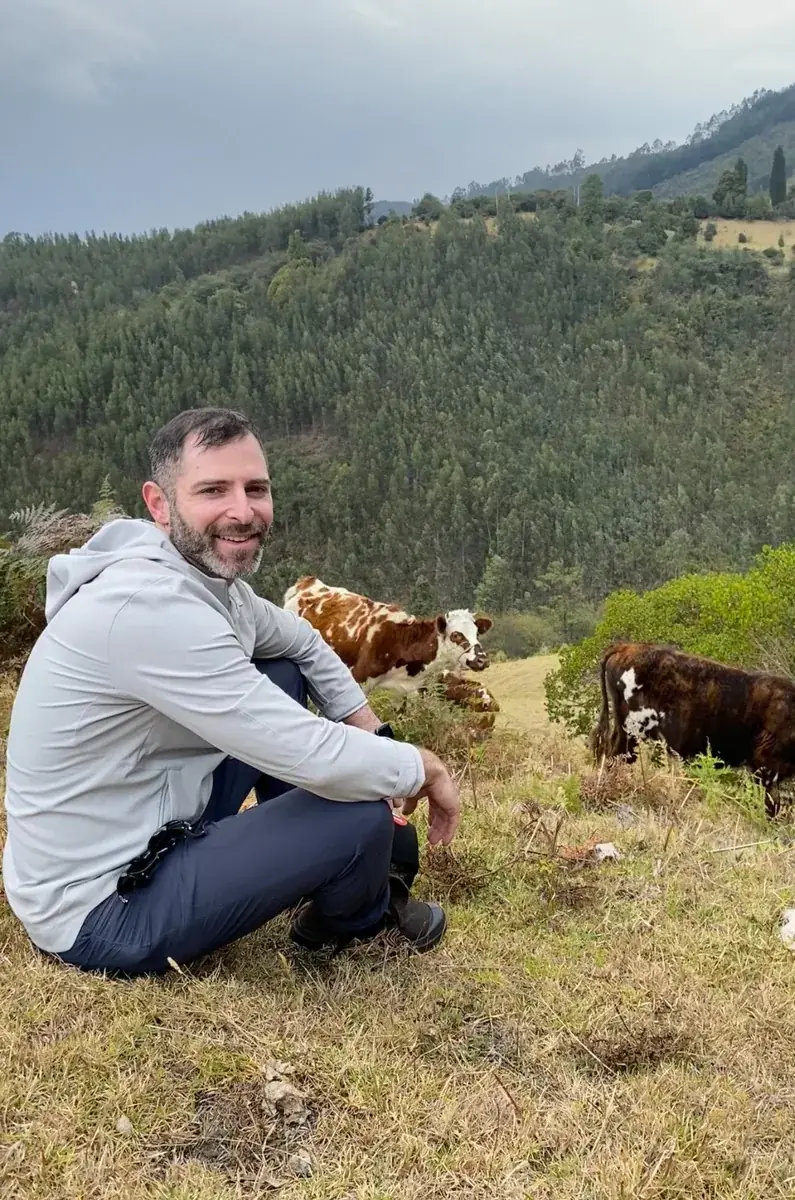 Sitting on a hillside with cows in the Andes mountains