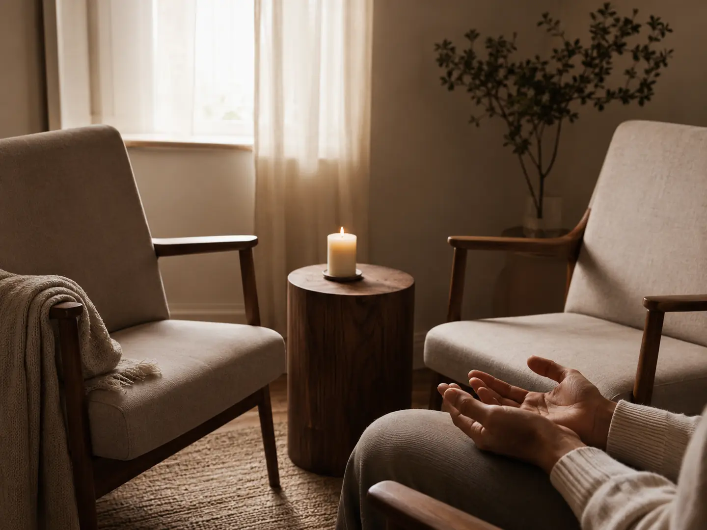 Warm amber light in a dark room, intimate and still