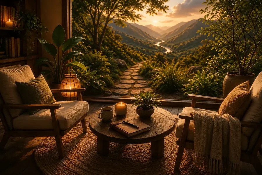 A warm terrace with candle and journal opening onto a mountain valley at golden hour
