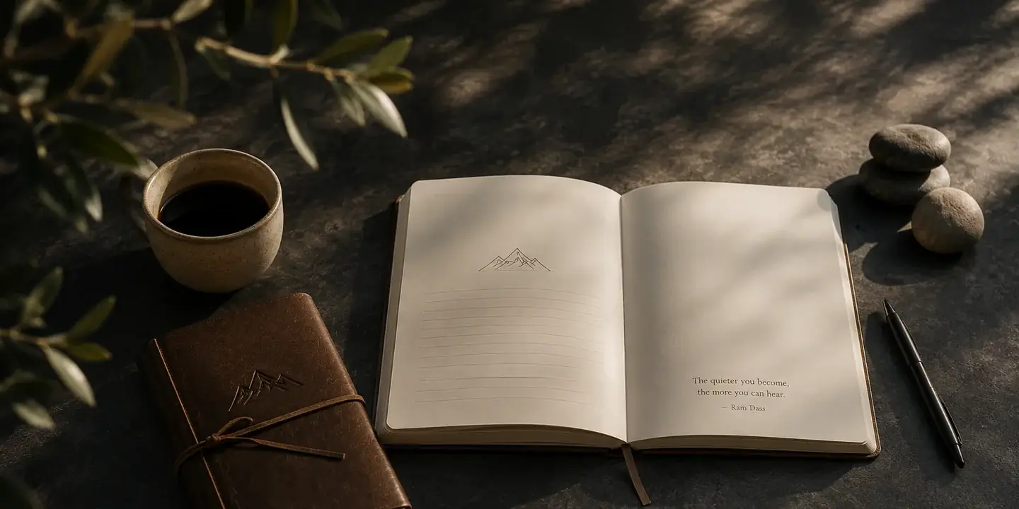 An open journal with a mountain sketch, coffee cup, and stacked stones in soft light