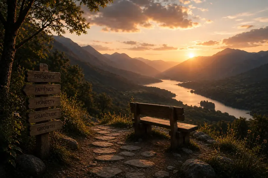 A bench overlooking a mountain valley at sunset beside a signpost reading Presence, Patience, Honesty, Gratitude, Growth
