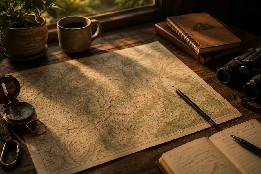 A topographic map spread on a wooden desk with compass and journal