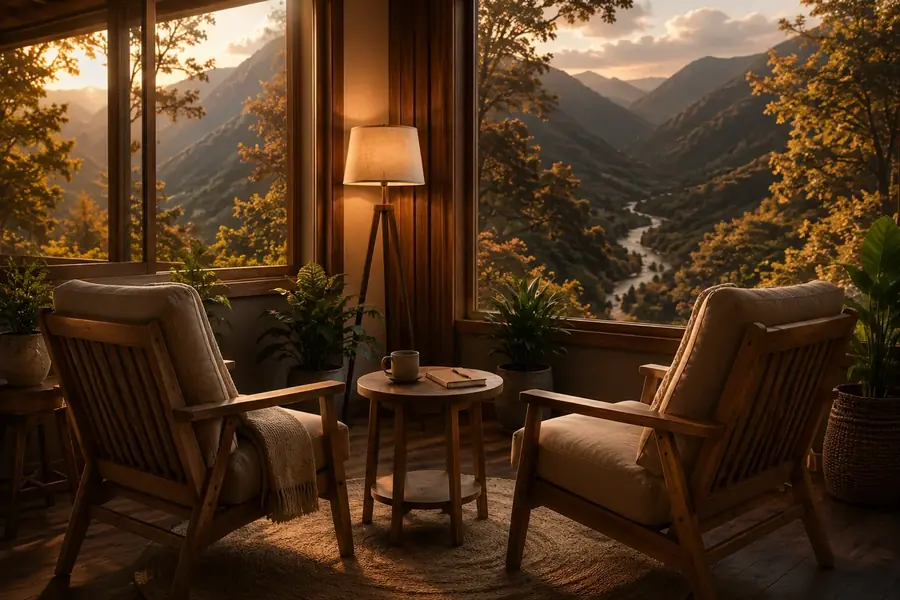 Two chairs facing each other in a warm room overlooking mountain valley